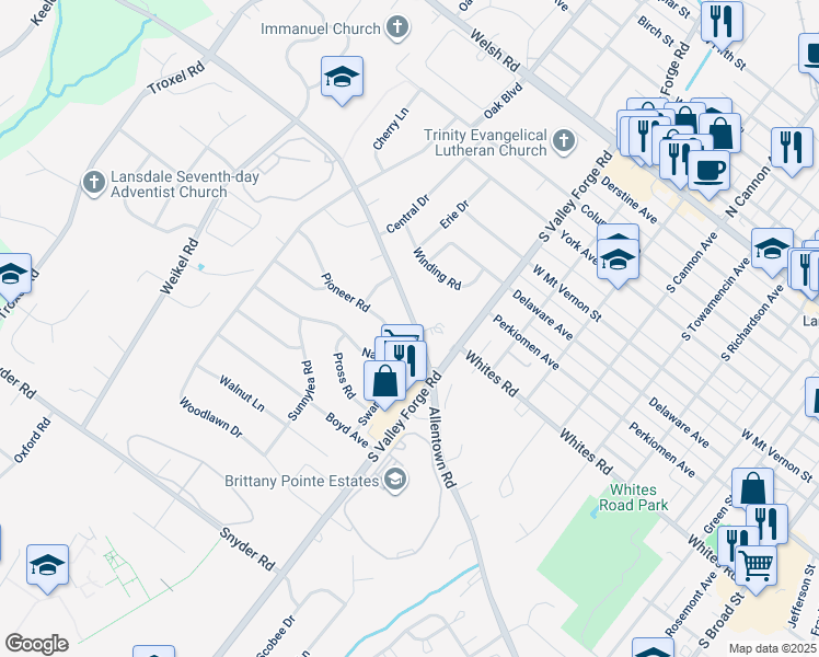 map of restaurants, bars, coffee shops, grocery stores, and more near 1052 Allentown Road in Lansdale