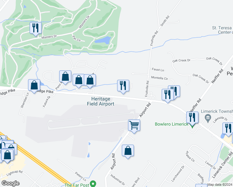 map of restaurants, bars, coffee shops, grocery stores, and more near 3335 West Ridge Pike in Pottstown