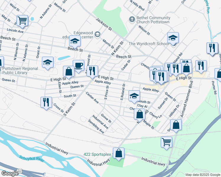 map of restaurants, bars, coffee shops, grocery stores, and more near 1112 Queen Street in Pottstown