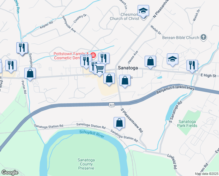 map of restaurants, bars, coffee shops, grocery stores, and more near 2200 East High Street in Pottstown