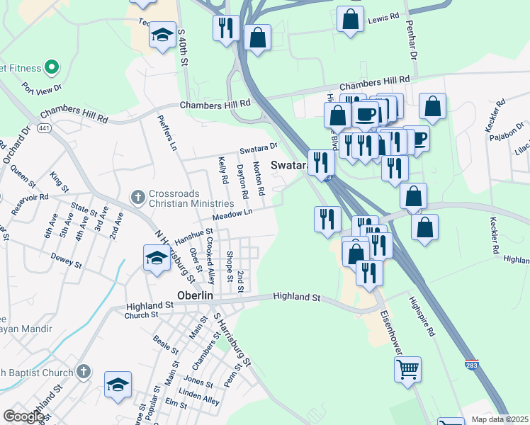 map of restaurants, bars, coffee shops, grocery stores, and more near 1245 Meadow Lane in Steelton