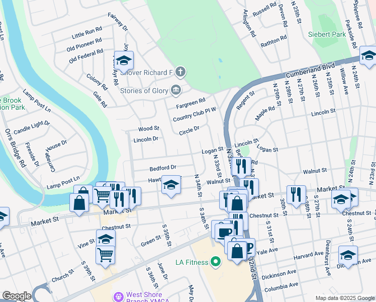 map of restaurants, bars, coffee shops, grocery stores, and more near 200 North 34th Street in Camp Hill