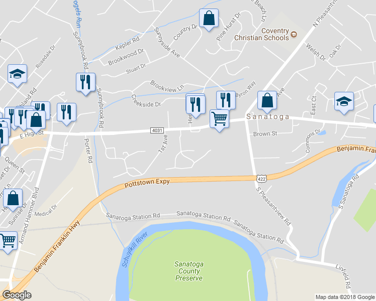 map of restaurants, bars, coffee shops, grocery stores, and more near 101 Hollytree Court in Pottstown