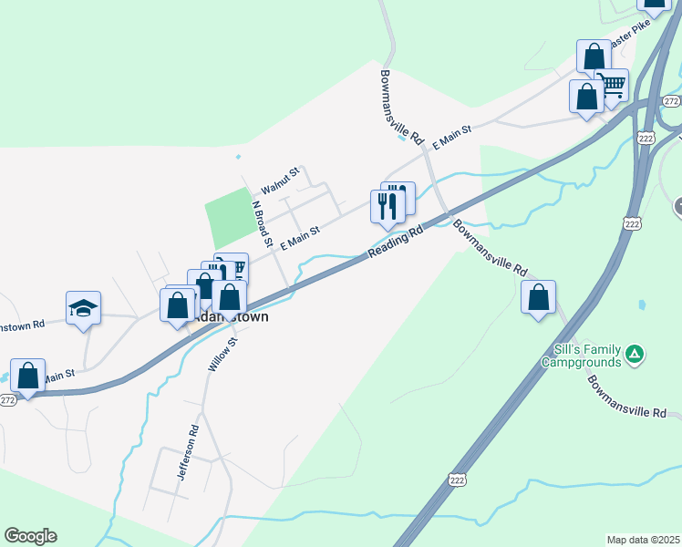 map of restaurants, bars, coffee shops, grocery stores, and more near 3117 North Reading Road in Adamstown