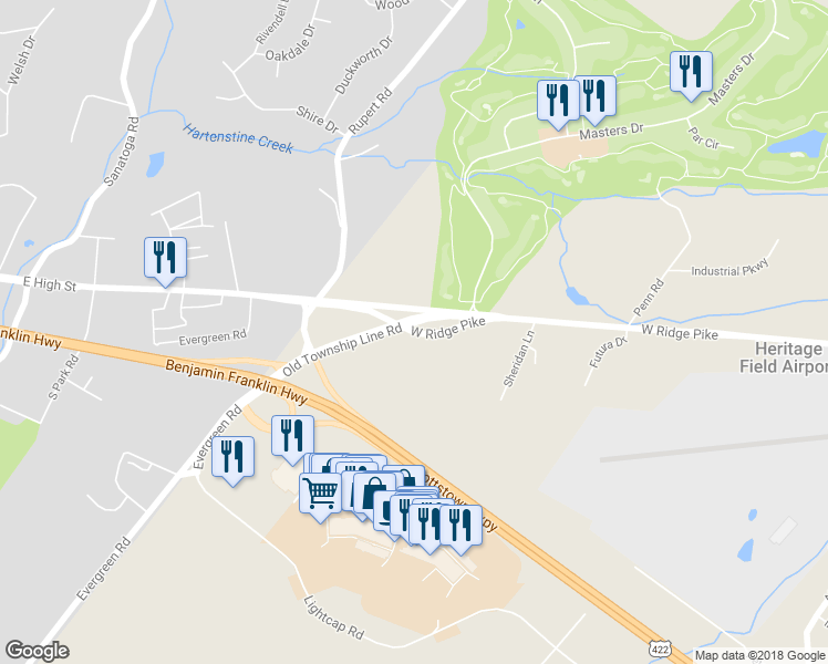 map of restaurants, bars, coffee shops, grocery stores, and more near 3162 Ridge Pike in Pottstown