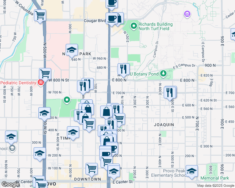 map of restaurants, bars, coffee shops, grocery stores, and more near 8 East 700 North in Provo