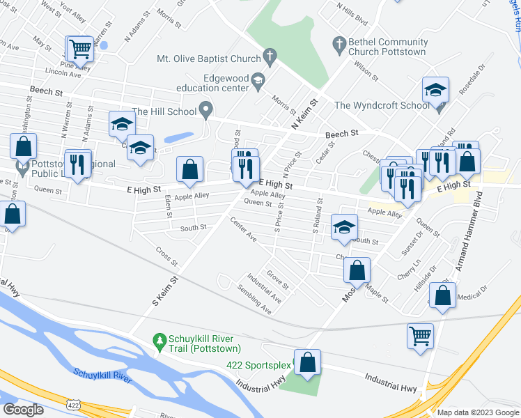 map of restaurants, bars, coffee shops, grocery stores, and more near 1034 Queen Street in Pottstown
