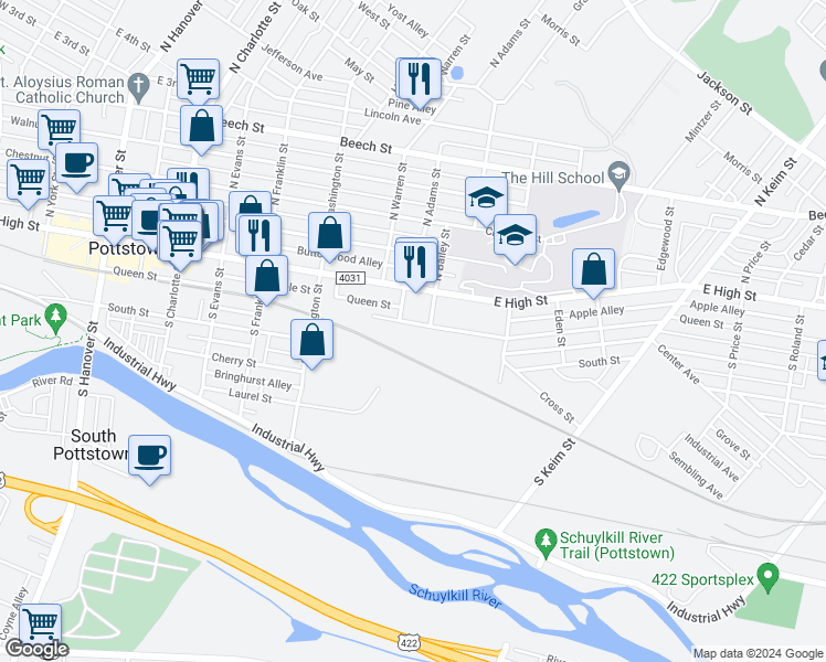 map of restaurants, bars, coffee shops, grocery stores, and more near 636 Queen Street in Pottstown