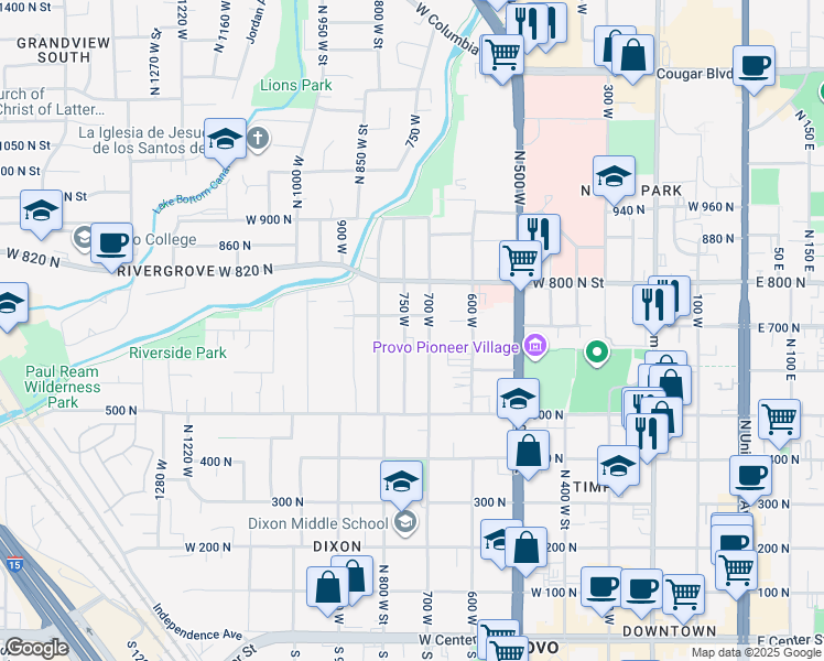 map of restaurants, bars, coffee shops, grocery stores, and more near 760 700 North in Provo
