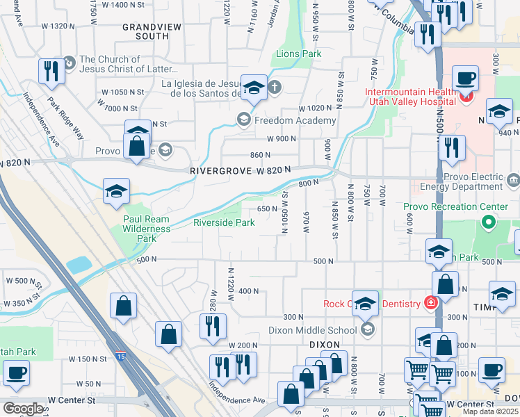 map of restaurants, bars, coffee shops, grocery stores, and more near 1112 West 650 North in Provo