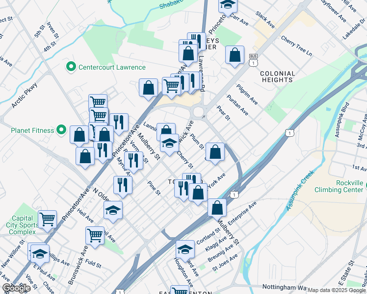 map of restaurants, bars, coffee shops, grocery stores, and more near 839 Plum Street in Trenton