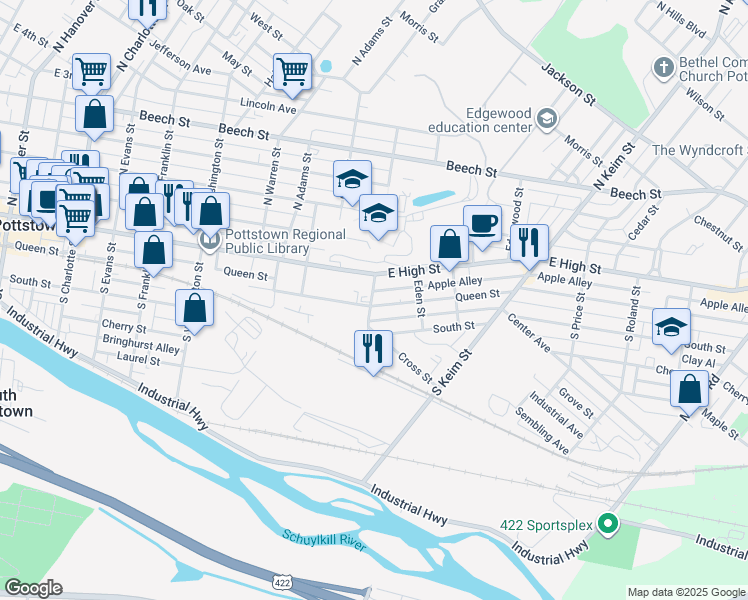 map of restaurants, bars, coffee shops, grocery stores, and more near 800 East High Street in Pottstown