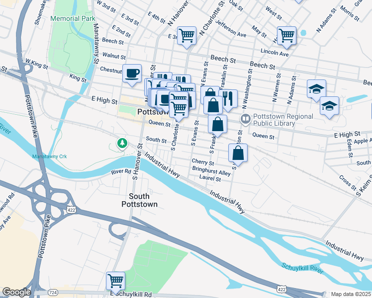 map of restaurants, bars, coffee shops, grocery stores, and more near 69 South Evans Street in Pottstown
