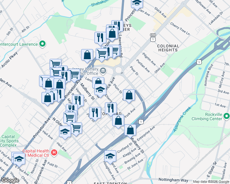 map of restaurants, bars, coffee shops, grocery stores, and more near 839 Plum Street in Trenton