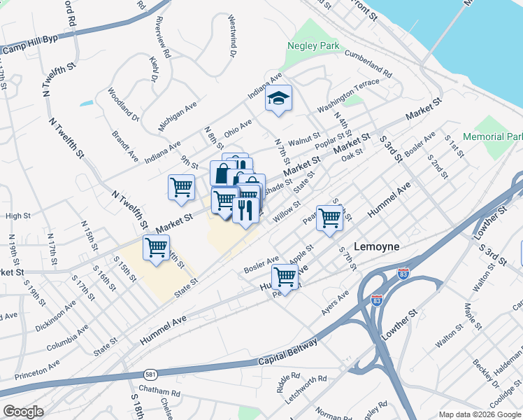 map of restaurants, bars, coffee shops, grocery stores, and more near 731 State Street in Lemoyne