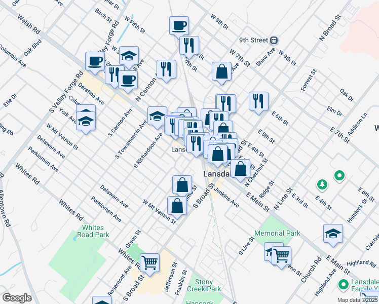 map of restaurants, bars, coffee shops, grocery stores, and more near in Lansdale