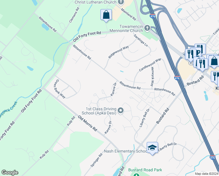 map of restaurants, bars, coffee shops, grocery stores, and more near 414 Calverton Court in Harleysville