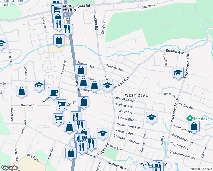 map of restaurants, bars, coffee shops, grocery stores, and more near 2308 Logan Road in Wanamassa