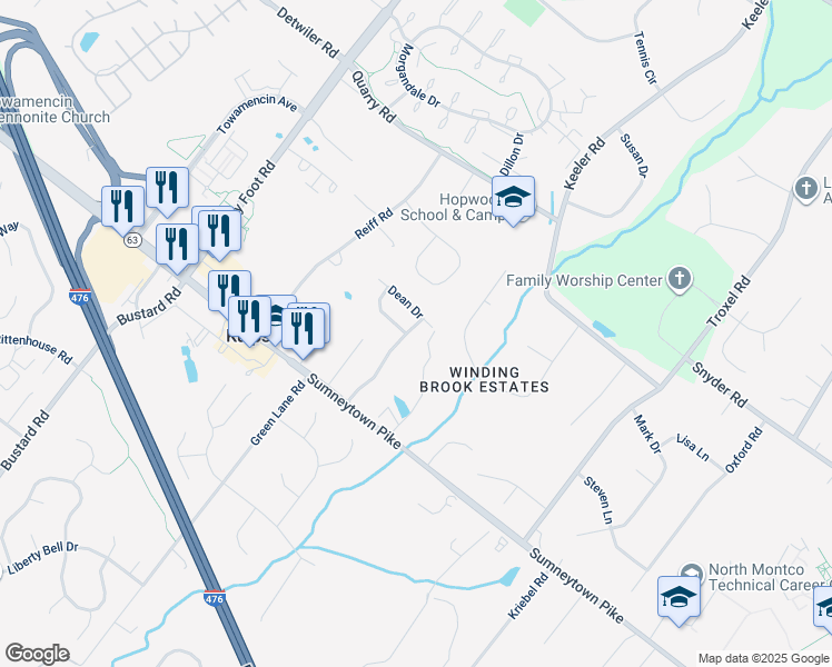 map of restaurants, bars, coffee shops, grocery stores, and more near 1331 Village Way in Lansdale