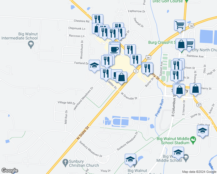 map of restaurants, bars, coffee shops, grocery stores, and more near Milldam Drive in Sunbury