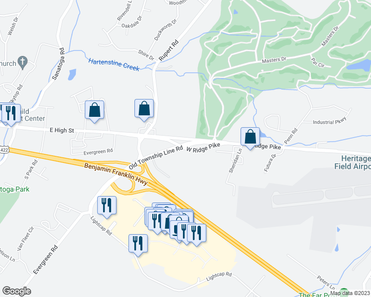 map of restaurants, bars, coffee shops, grocery stores, and more near 3162 West Ridge Pike in Pottstown