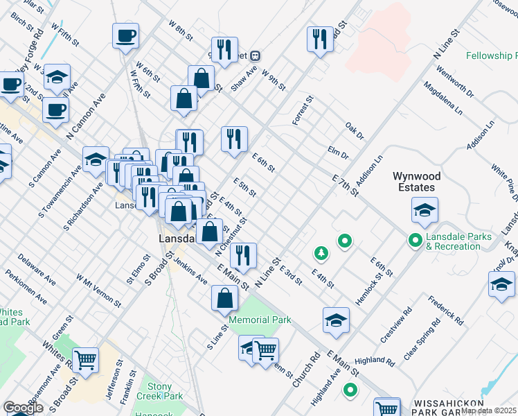 map of restaurants, bars, coffee shops, grocery stores, and more near 421 North Chestnut Street in Lansdale