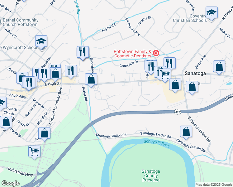 map of restaurants, bars, coffee shops, grocery stores, and more near 840 Dogwood Court in Pottstown
