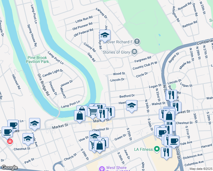 map of restaurants, bars, coffee shops, grocery stores, and more near 212 North 36th Street in Camp Hill