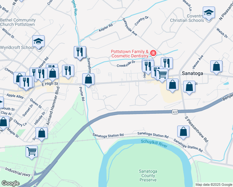 map of restaurants, bars, coffee shops, grocery stores, and more near 944 Dogwood Court in Pottstown