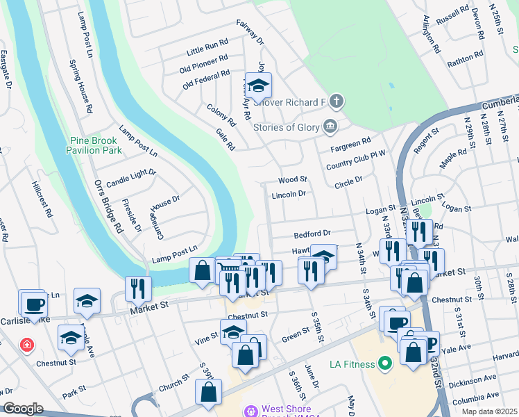 map of restaurants, bars, coffee shops, grocery stores, and more near 212 North 36th Street in Camp Hill