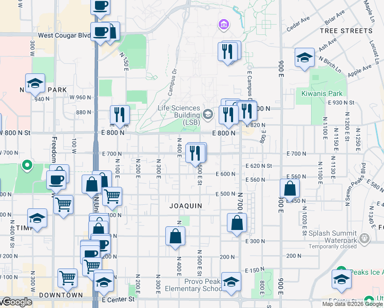 map of restaurants, bars, coffee shops, grocery stores, and more near 450 East 700 North in Provo