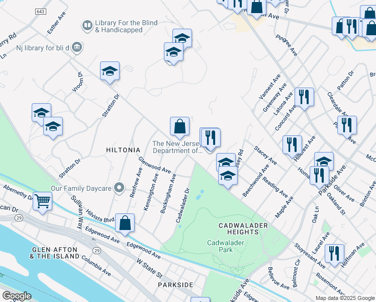 map of restaurants, bars, coffee shops, grocery stores, and more near 1428 Stuyvesant Avenue in Trenton