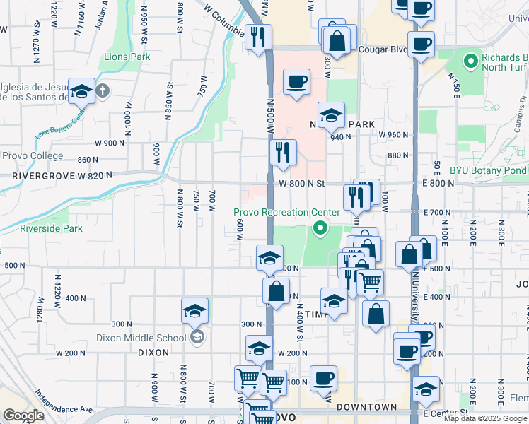 map of restaurants, bars, coffee shops, grocery stores, and more near 742n North 500 West in Provo