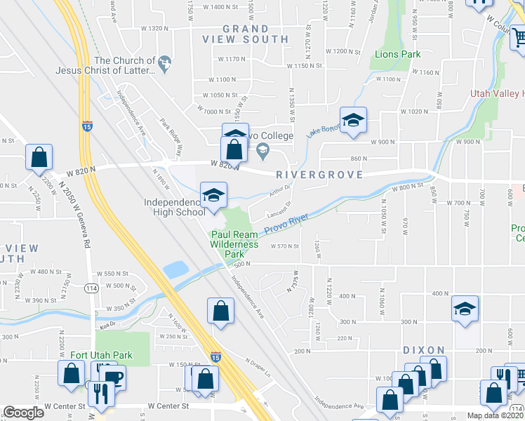 map of restaurants, bars, coffee shops, grocery stores, and more near 1461 Arthur Drive in Provo
