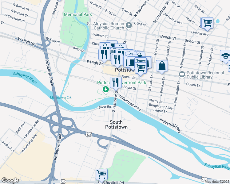 map of restaurants, bars, coffee shops, grocery stores, and more near in Pottstown