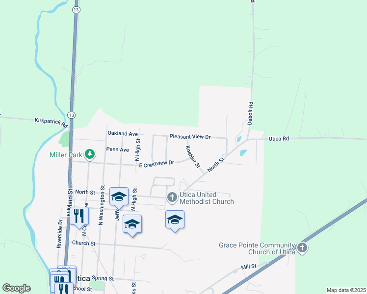 map of restaurants, bars, coffee shops, grocery stores, and more near 139 Pleasant View Drive in Utica