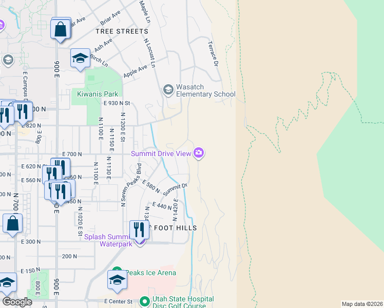 map of restaurants, bars, coffee shops, grocery stores, and more near 693 North 1540 East in Provo