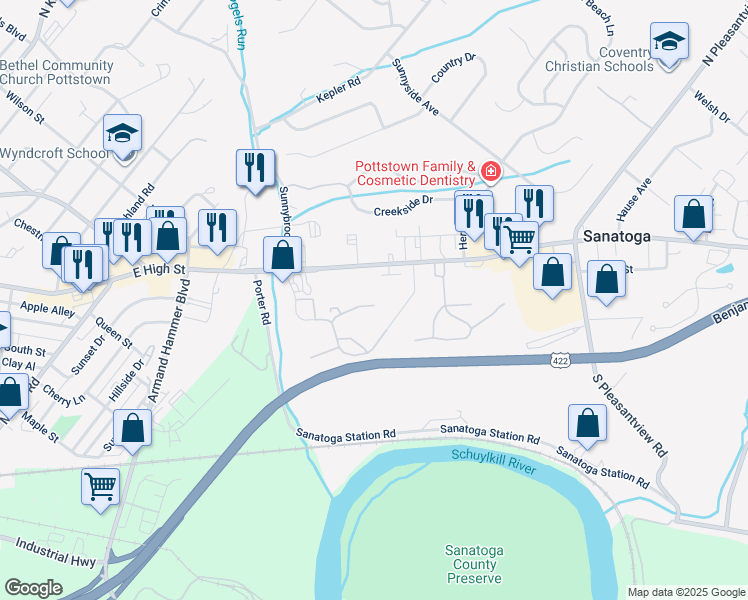 map of restaurants, bars, coffee shops, grocery stores, and more near 944 Dogwood Court in Pottstown