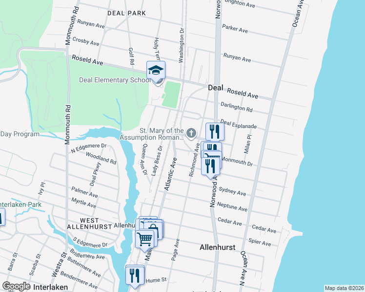map of restaurants, bars, coffee shops, grocery stores, and more near 44 Woodford Road in Deal