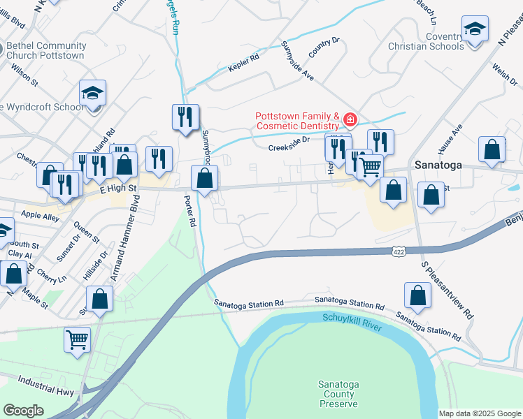 map of restaurants, bars, coffee shops, grocery stores, and more near 840 Dogwood Court in Pottstown