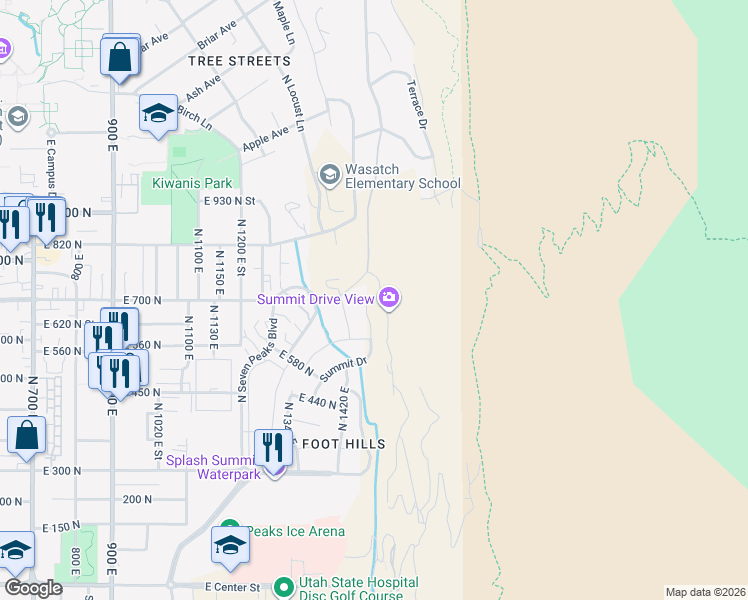 map of restaurants, bars, coffee shops, grocery stores, and more near 693 North 1540 East in Provo