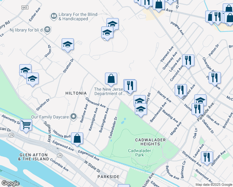 map of restaurants, bars, coffee shops, grocery stores, and more near 1428 Stuyvesant Avenue in Trenton