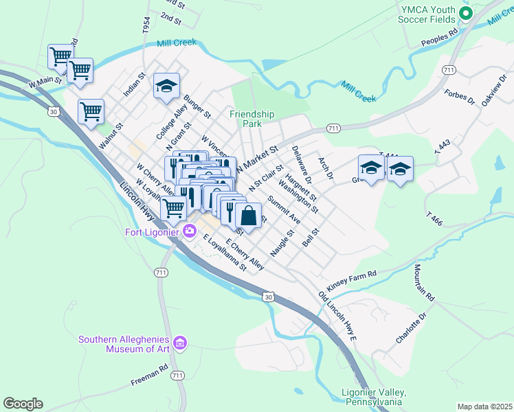 map of restaurants, bars, coffee shops, grocery stores, and more near 211 Summit Avenue in Ligonier