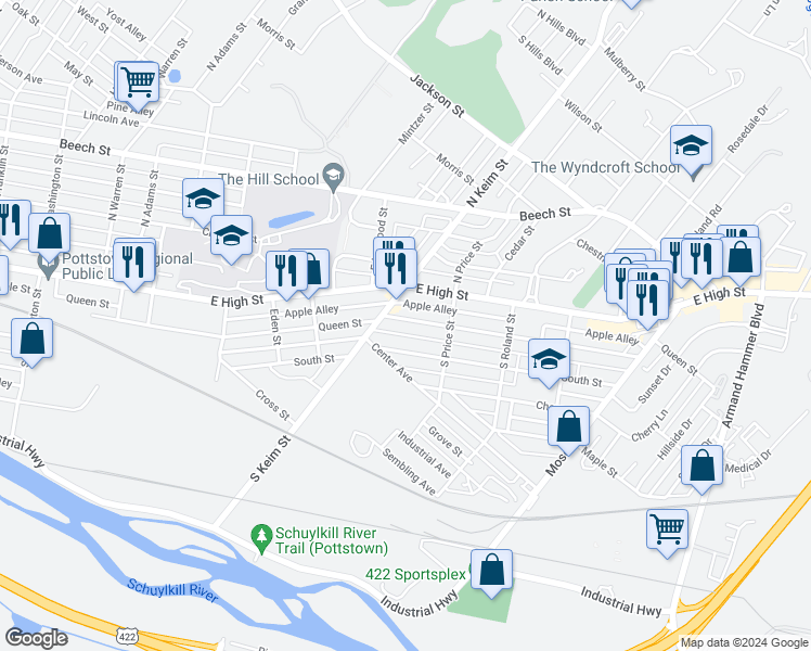 map of restaurants, bars, coffee shops, grocery stores, and more near 1020 Queen Street in Pottstown