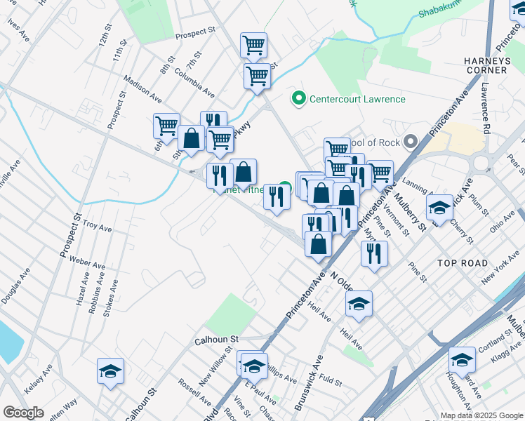 map of restaurants, bars, coffee shops, grocery stores, and more near 1580 North Olden Avenue in Ewing Township
