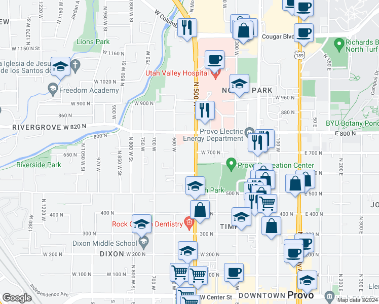 map of restaurants, bars, coffee shops, grocery stores, and more near 701 North 500 West in Provo