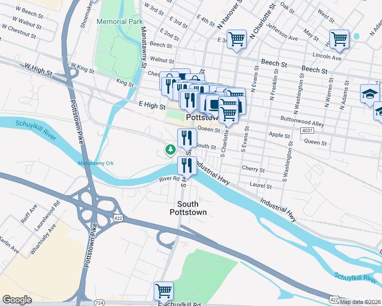 map of restaurants, bars, coffee shops, grocery stores, and more near in Pottstown