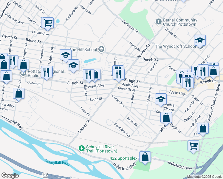 map of restaurants, bars, coffee shops, grocery stores, and more near 958 Queen Street in Pottstown