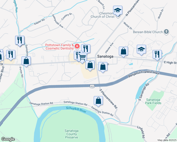 map of restaurants, bars, coffee shops, grocery stores, and more near 2200 East High Street in Pottstown