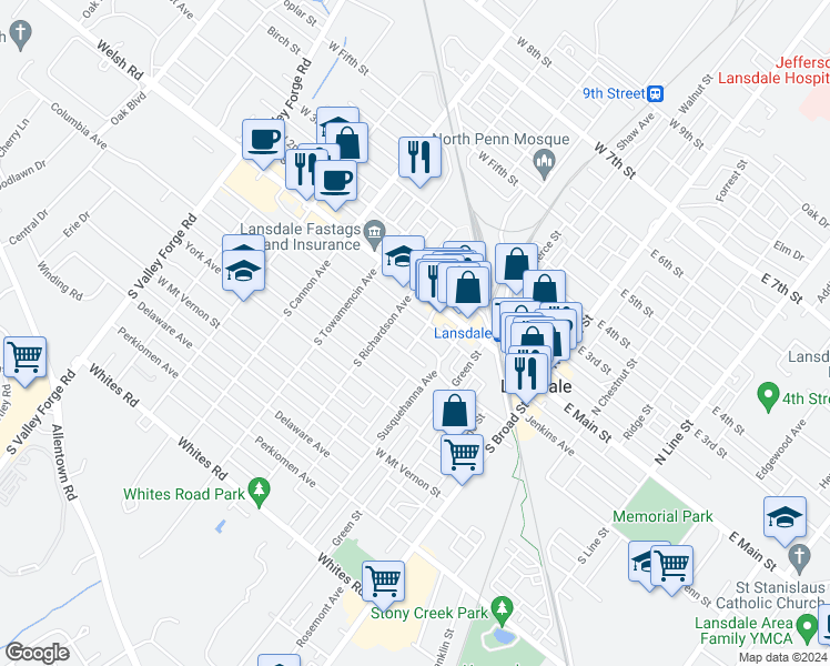 map of restaurants, bars, coffee shops, grocery stores, and more near 405 Derstine Avenue in Lansdale